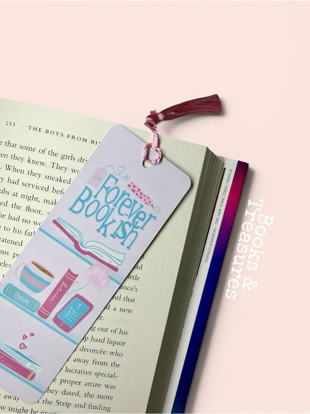Forever Bookish Pink Bookmark with Tassel Handmade Hand Drawn